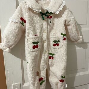 Cherry Embroidered Cream Kids One Piece